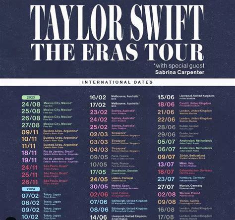 2 Jun 2023 ... Taylor Swift has announced a run of Eras international tour dates set to kick off August 24 in Mexico City.